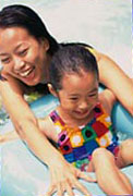 Mom and daughter, Su Mei and Lei playing in the pool